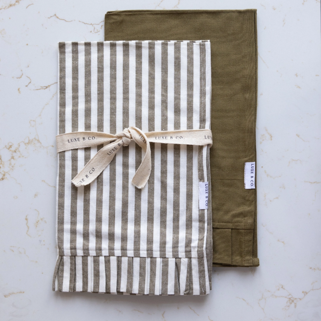 Ruffle Dish Towels | Olive Green & White Stripes