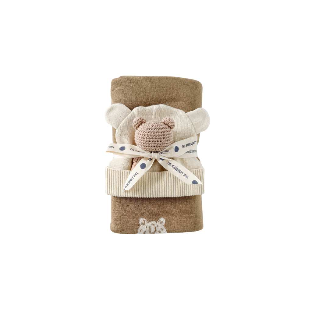 Honey Bear Hat, Blanket & Teether Rattle Gift Set