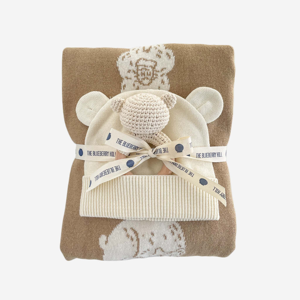 Honey Bear Hat, Blanket & Teether Rattle Gift Set