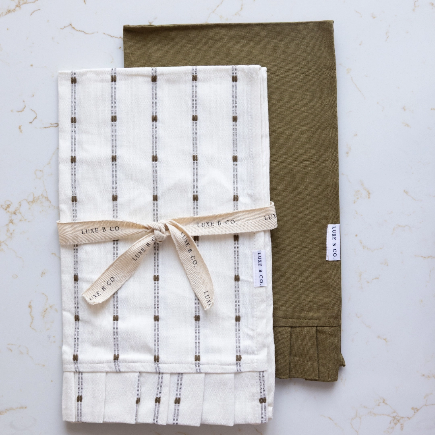 Ruffle Dish Towels | White & Olive Green Stripes