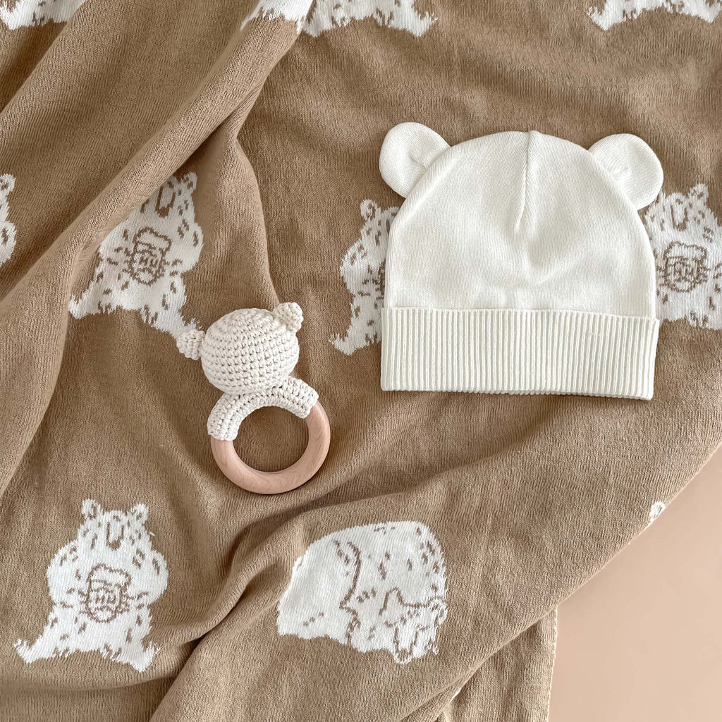 Honey Bear Hat, Blanket & Teether Rattle Gift Set