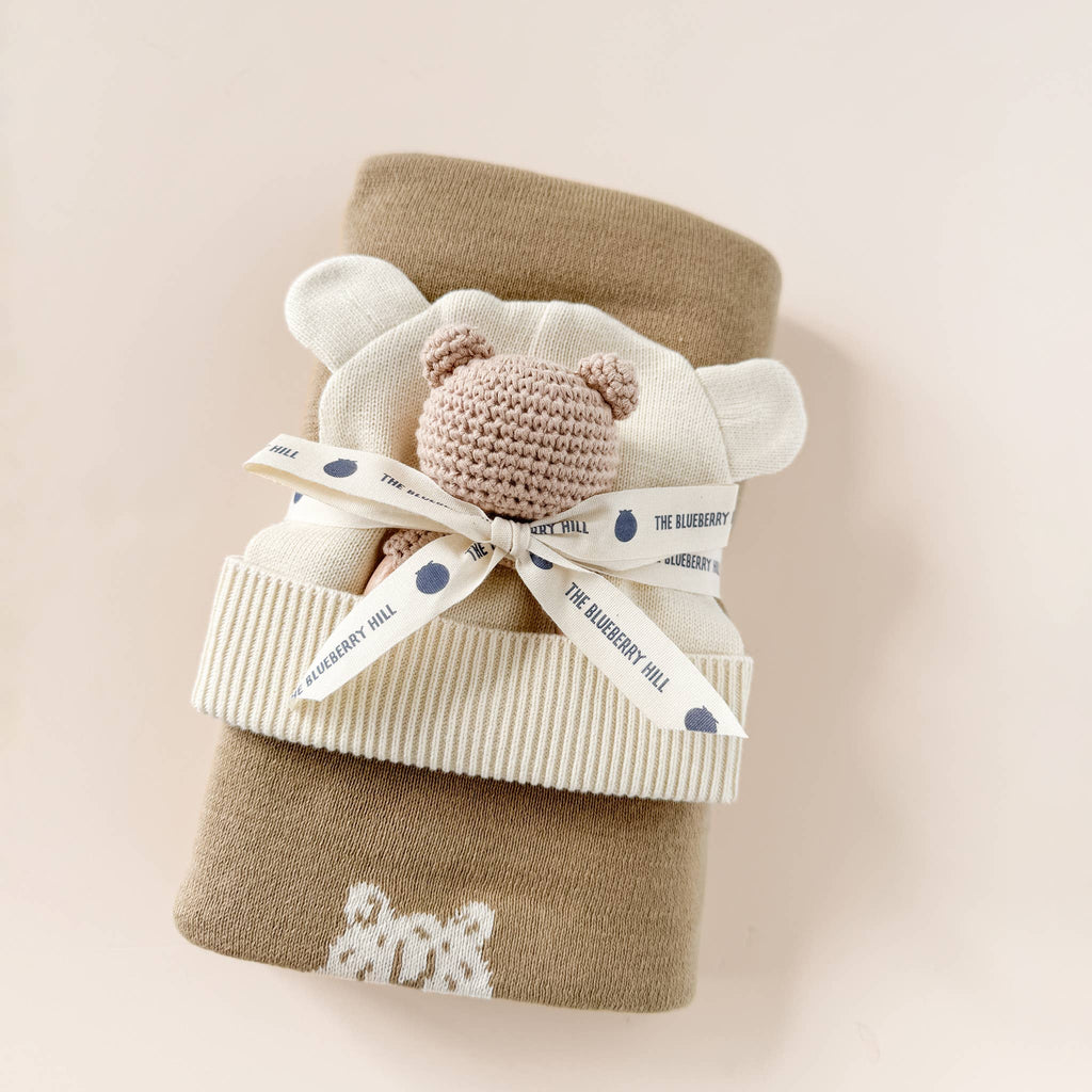 Honey Bear Hat, Blanket & Teether Rattle Gift Set