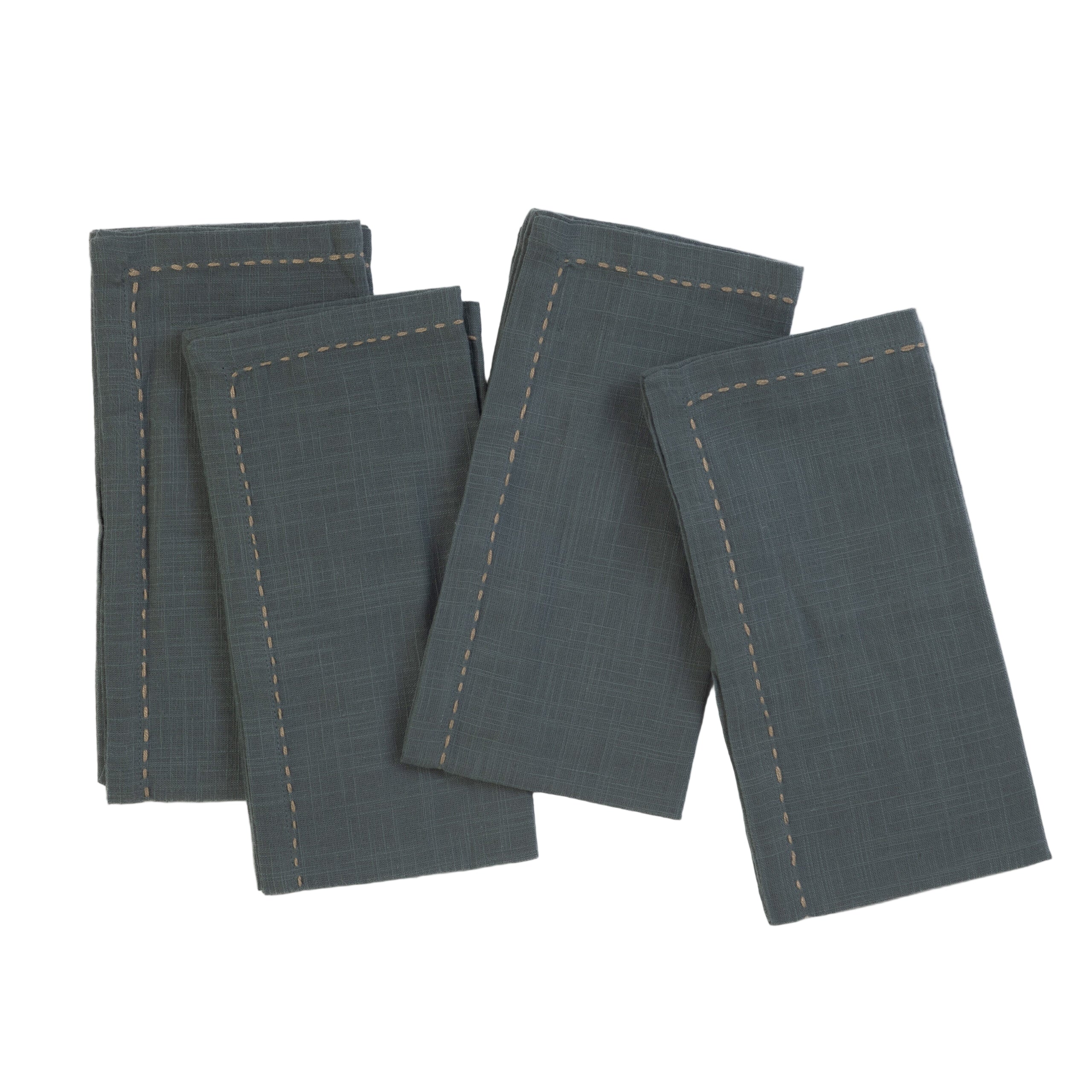 Set of four dark gray napkins with visible stitching on a white background