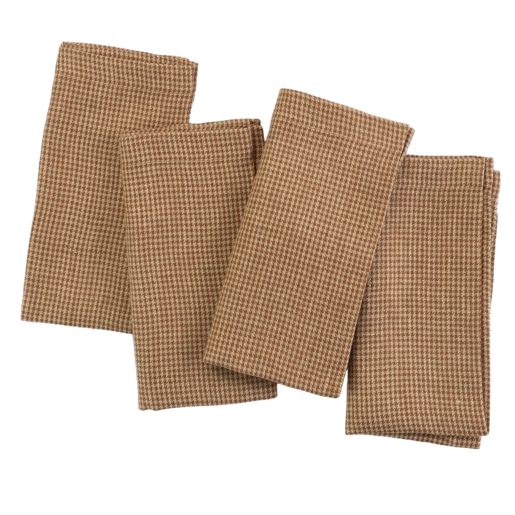 Four brown checkered napkins on a white background