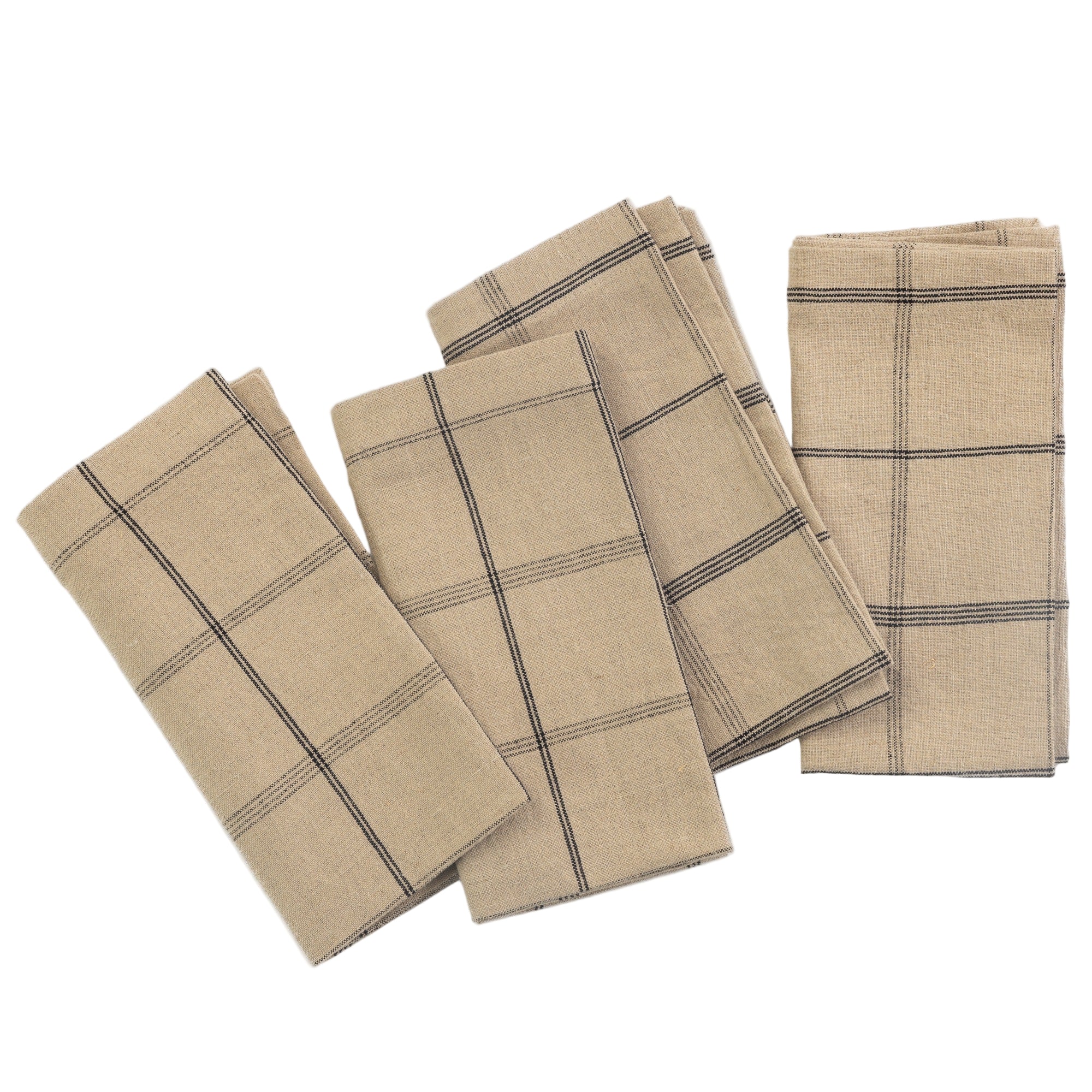 Set of four beige napkins with black plaid pattern on a white background