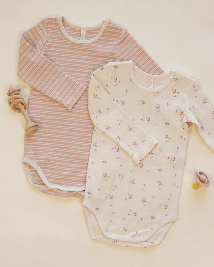 Ribbed Bodysuit | Two pack | Dusty Rose Microstripe & Fall Ditsy