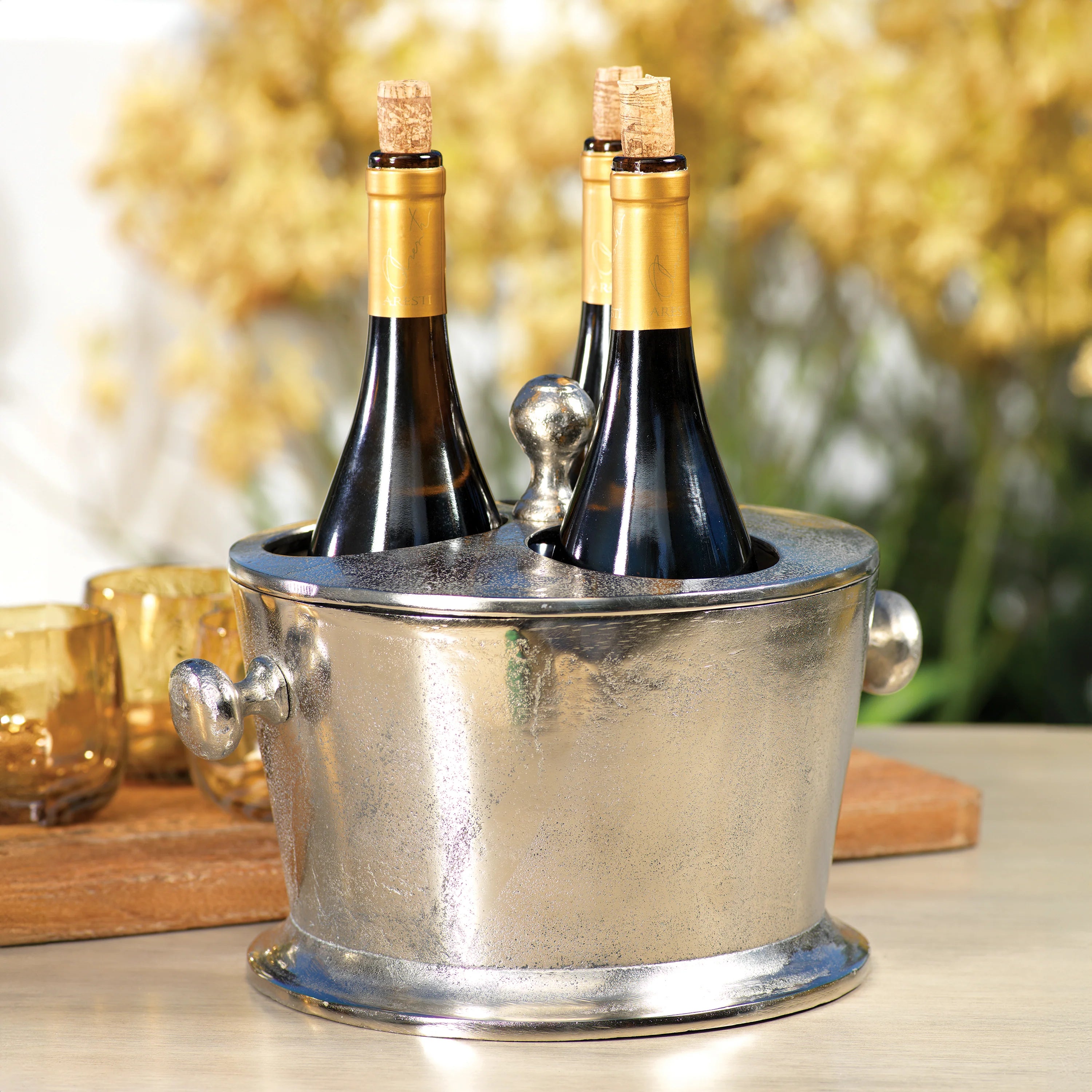 Alloy Three Bottle Wine Holder | Nickel | In Shoppe Pickup Only