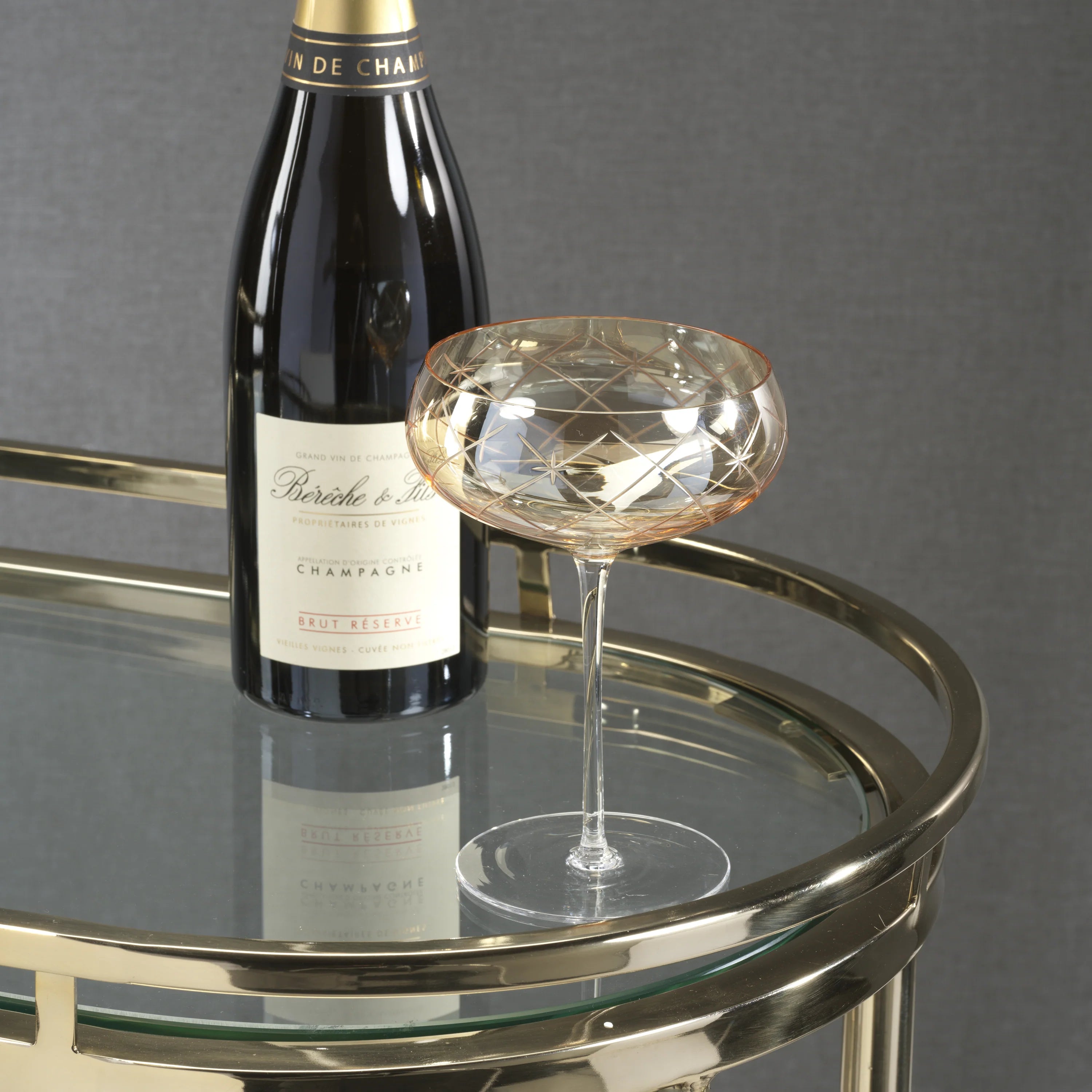 Audrey Hand Etched Glass Coupe | Amber Luster | In Shoppe Pickup Only