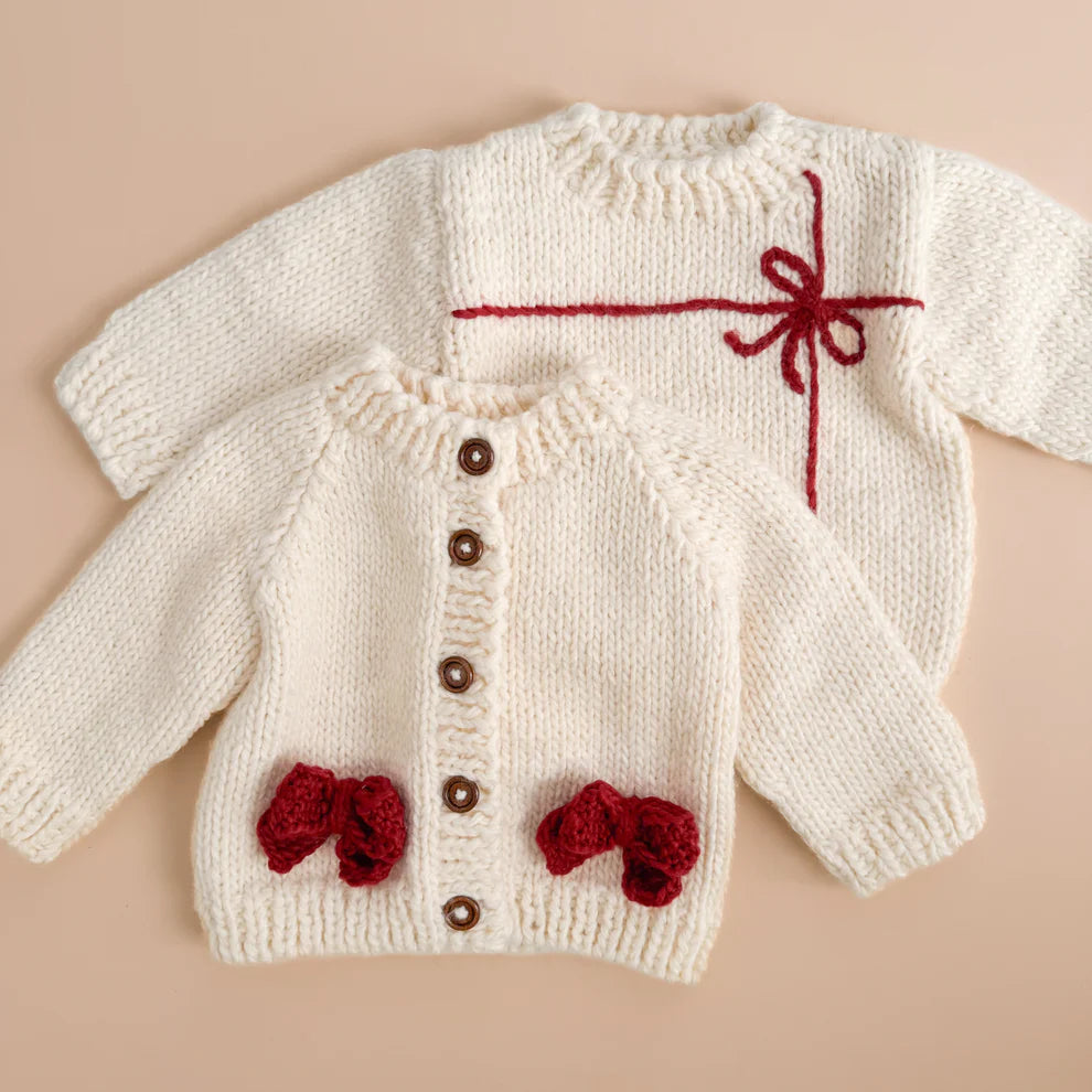 Bow Cardigan, Cream/Red