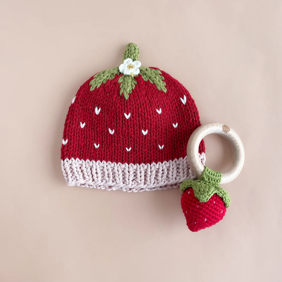 Cotton Crochet Baby Rattle Red Strawberry Teether