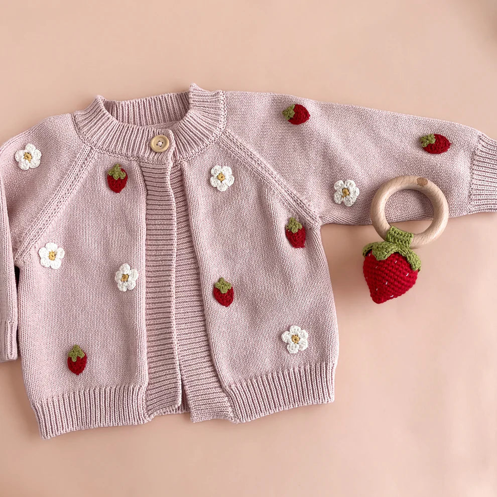 Cotton Crochet Baby Rattle Red Strawberry Teether