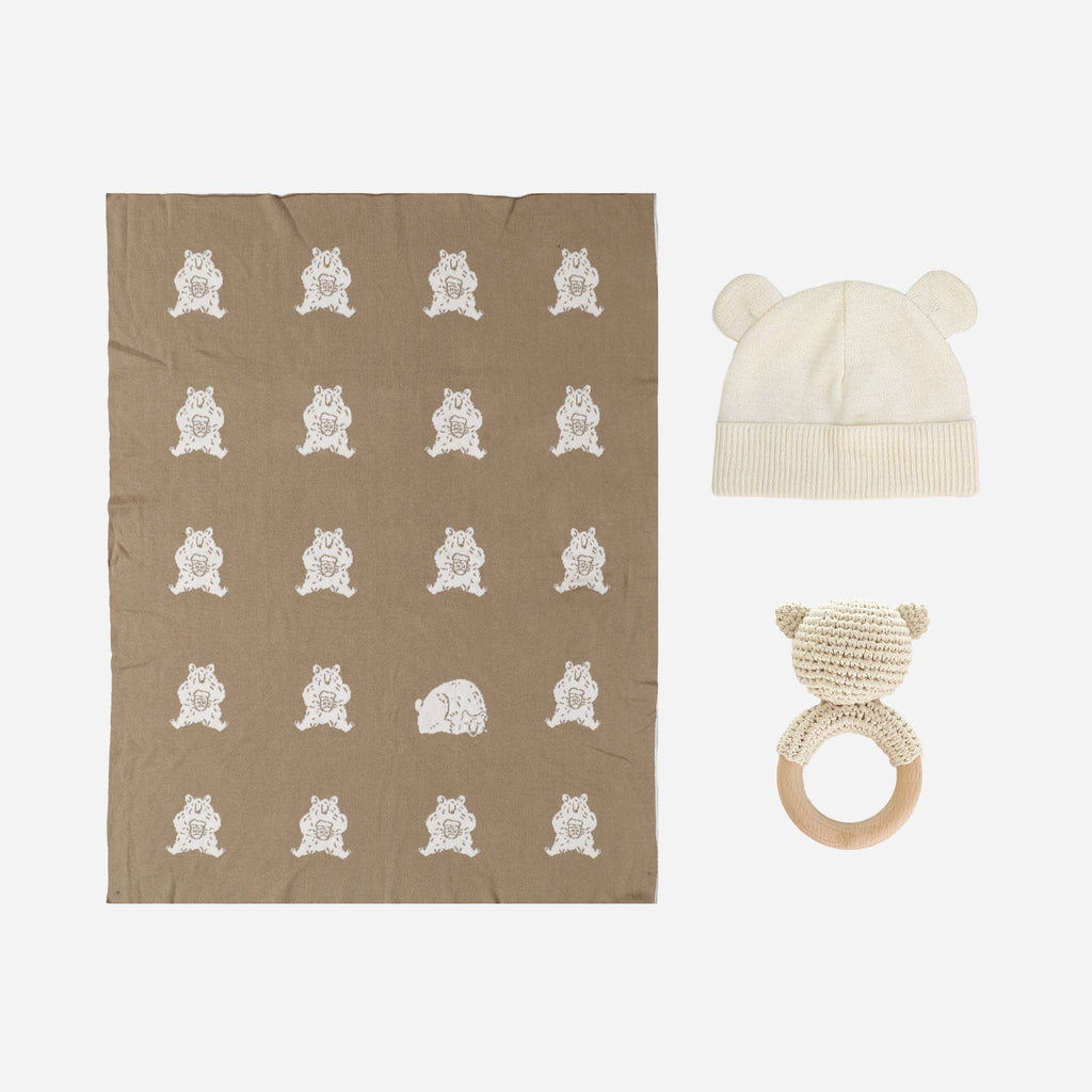 Honey Bear Hat, Blanket & Teether Rattle Gift Set